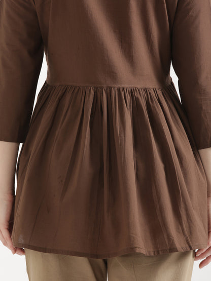 AARVI Mocha Brown Embroidered Cotton Short Top