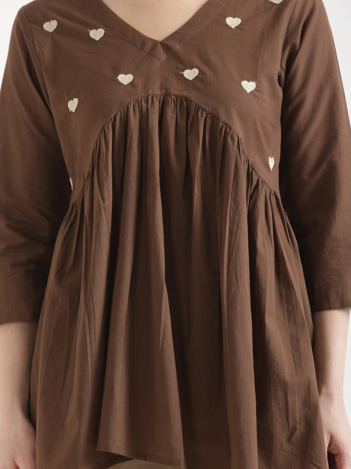 AARVI Mocha Brown Embroidered Cotton Short Top