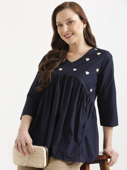 AARVI Navy Blue Embroidered Cotton Short Top