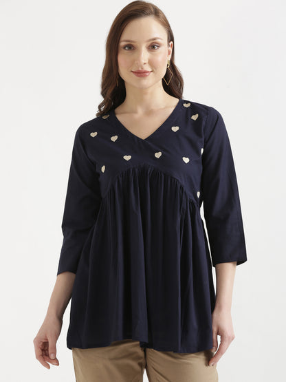 AARVI Navy Blue Embroidered Cotton Short Top
