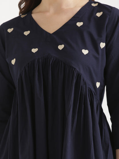 AARVI Navy Blue Embroidered Cotton Short Top