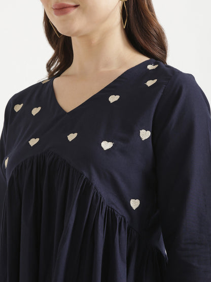 AARVI Navy Blue Embroidered Cotton Short Top