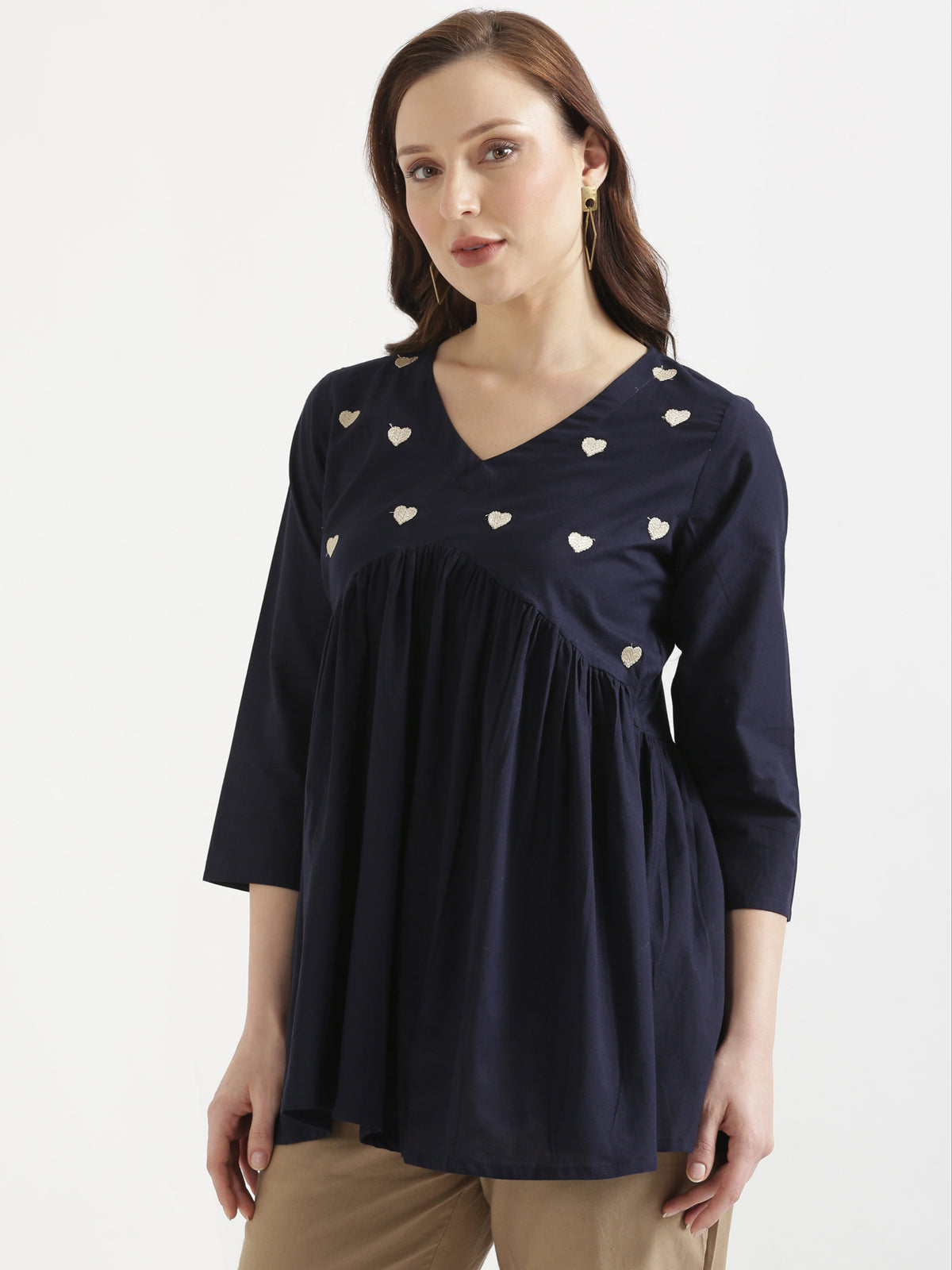 AARVI Navy Blue Embroidered Cotton Short Top