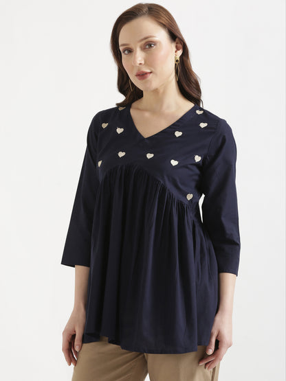 AARVI Navy Blue Embroidered Cotton Short Top