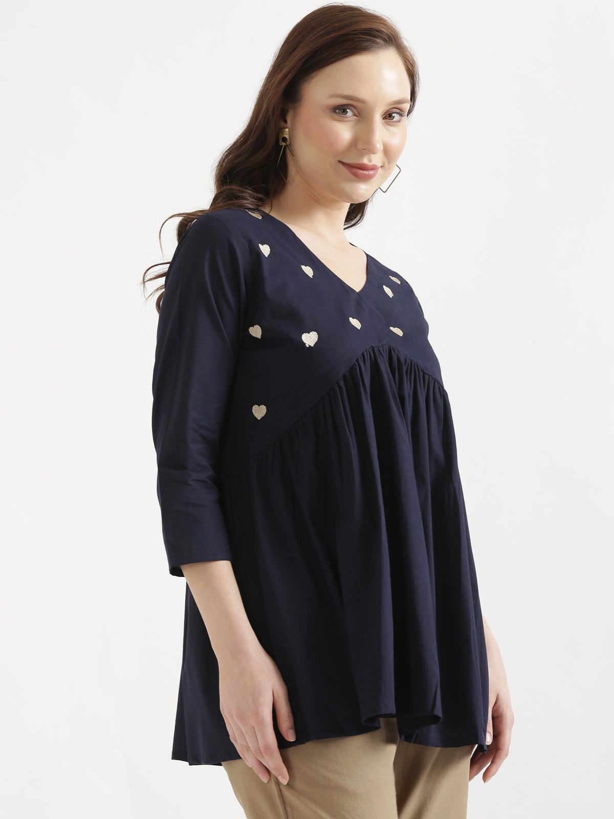 AARVI Navy Blue Embroidered Cotton Short Top