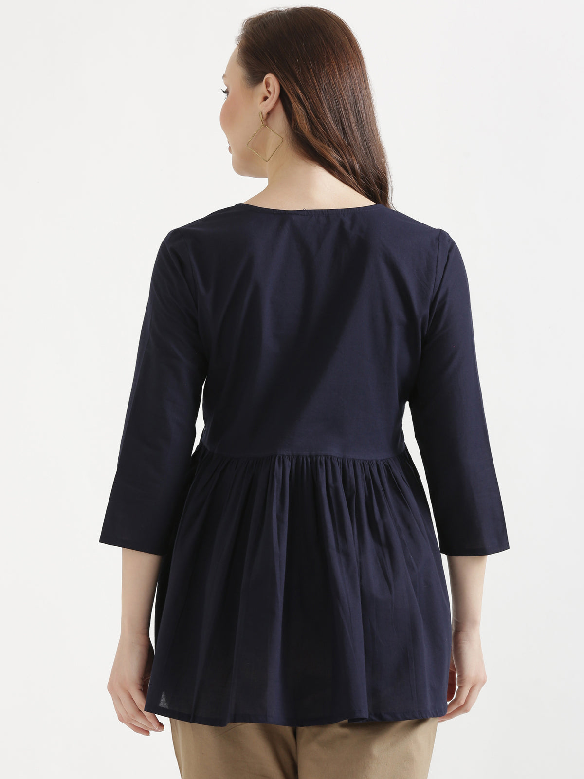 AARVI Navy Blue Embroidered Cotton Short Top