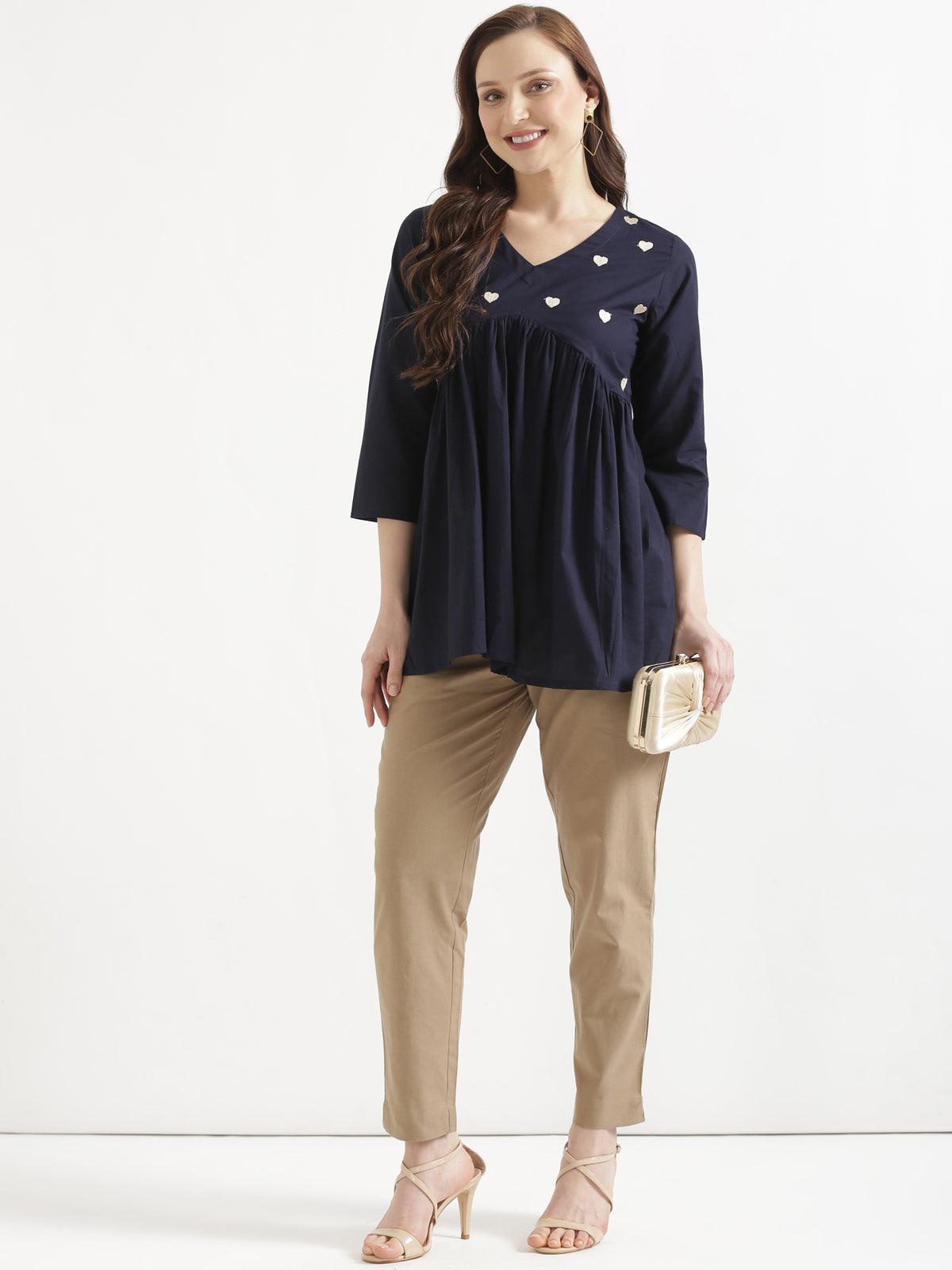 AARVI Navy Blue Embroidered Cotton Short Top