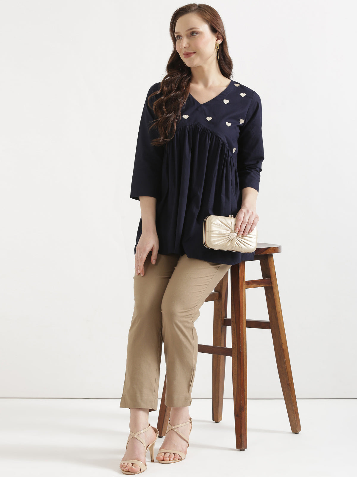 AARVI Navy Blue Embroidered Cotton Short Top