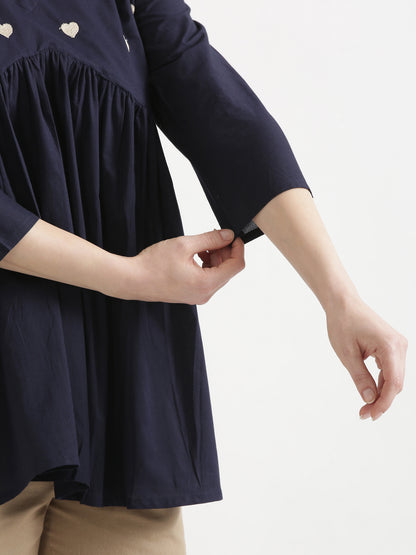 AARVI Navy Blue Embroidered Cotton Short Top