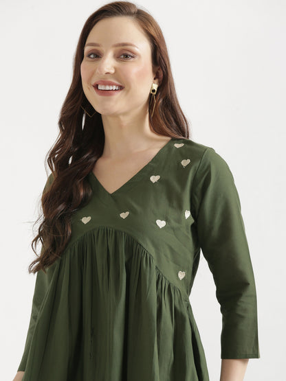 AARVI Olive Green Embroidered Cotton Short Top