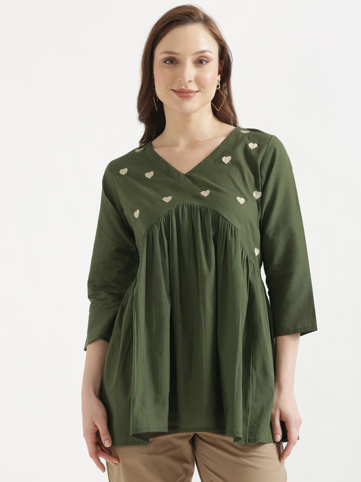 AARVI Olive Green Embroidered Cotton Short Top