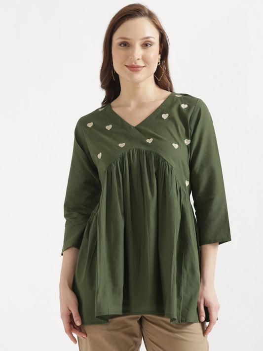 AARVI Olive Green Embroidered Cotton Short Top