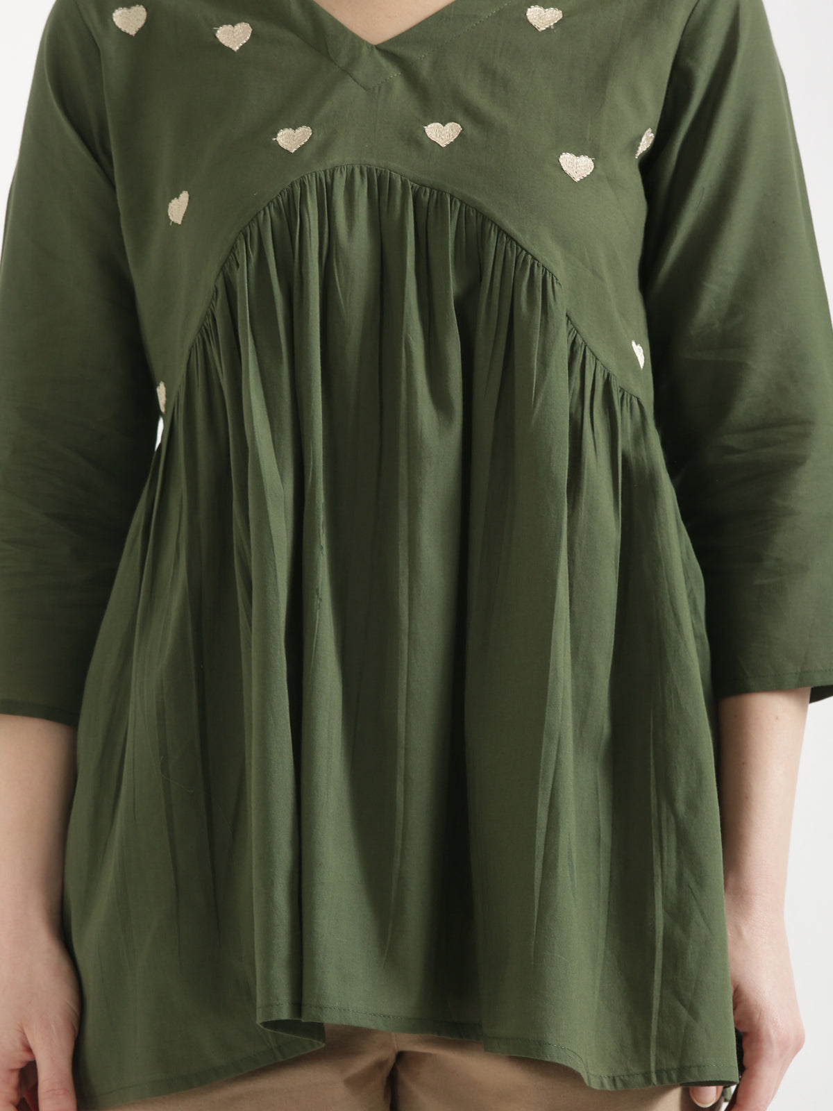 AARVI Olive Green Embroidered Cotton Short Top