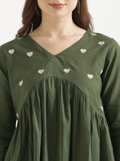 AARVI Olive Green Embroidered Cotton Short Top