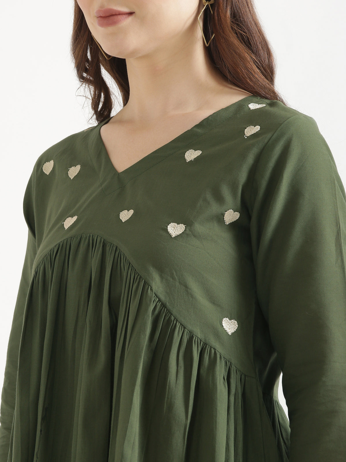 AARVI Olive Green Embroidered Cotton Short Top