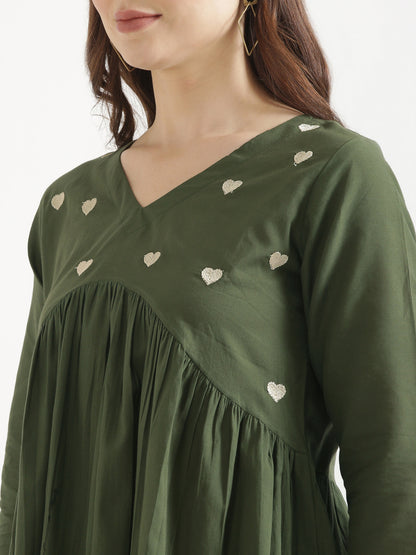 AARVI Olive Green Embroidered Cotton Short Top