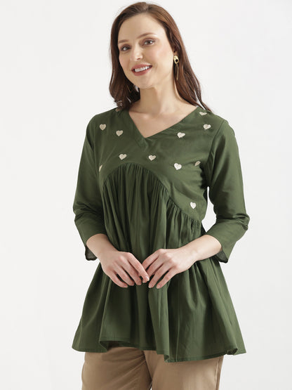 AARVI Olive Green Embroidered Cotton Short Top