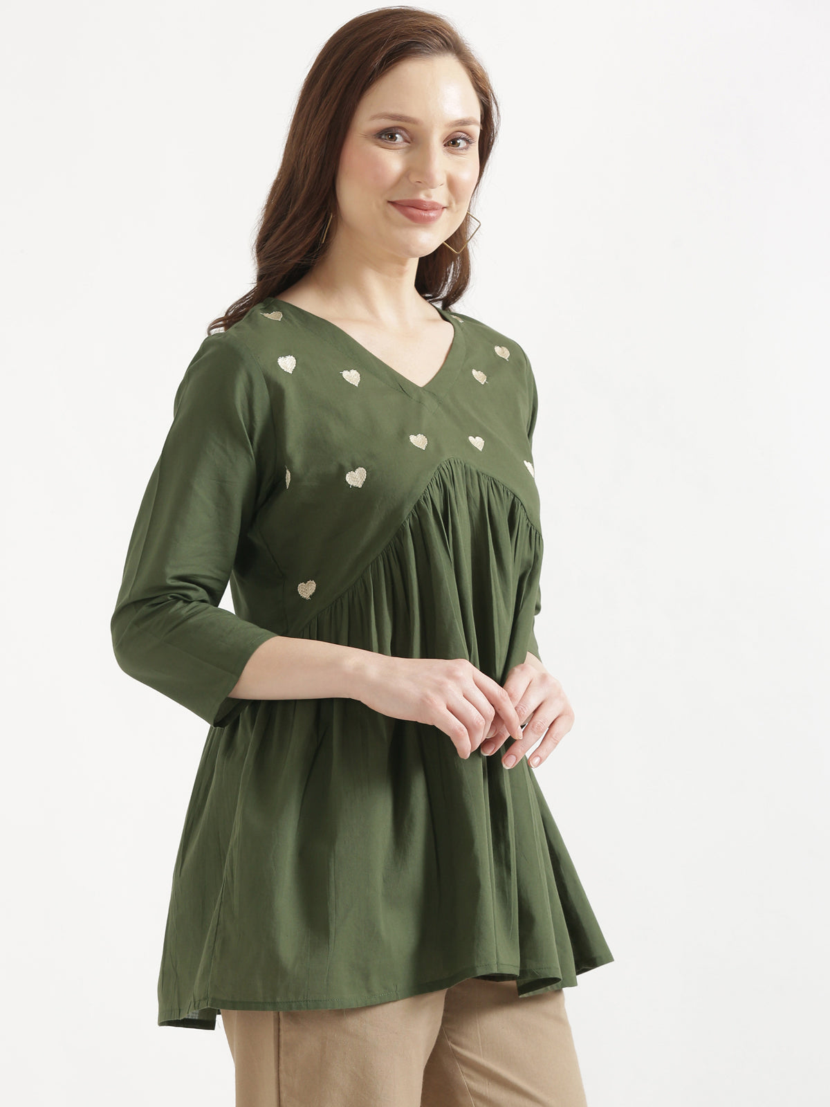 AARVI Olive Green Embroidered Cotton Short Top