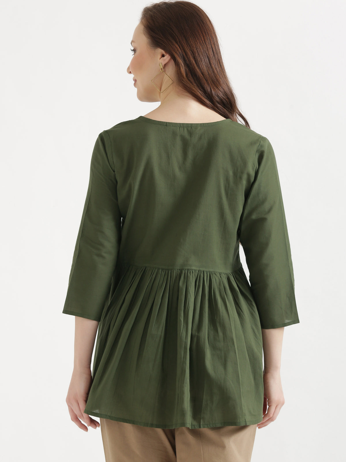 AARVI Olive Green Embroidered Cotton Short Top