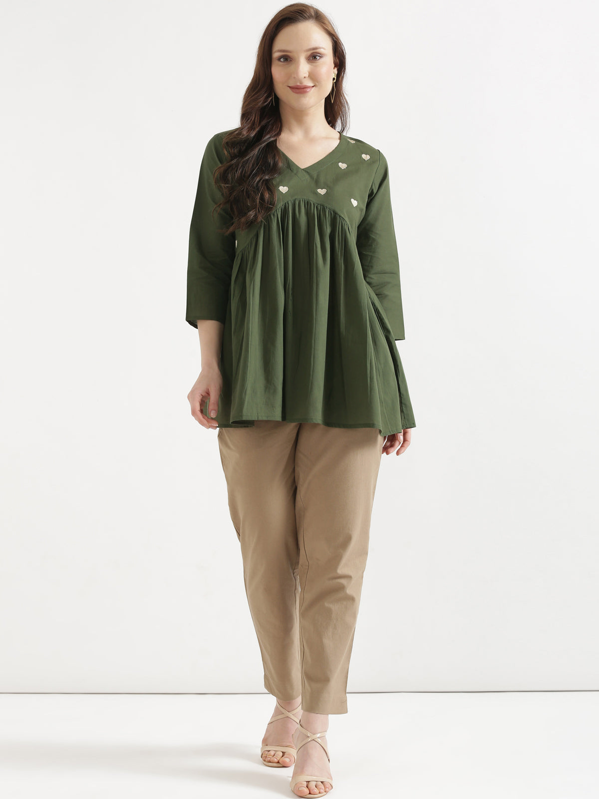 AARVI Olive Green Embroidered Cotton Short Top