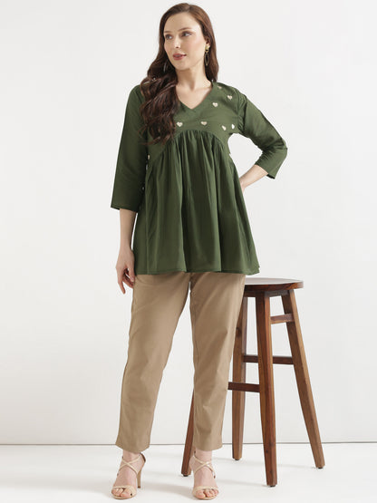 AARVI Olive Green Embroidered Cotton Short Top