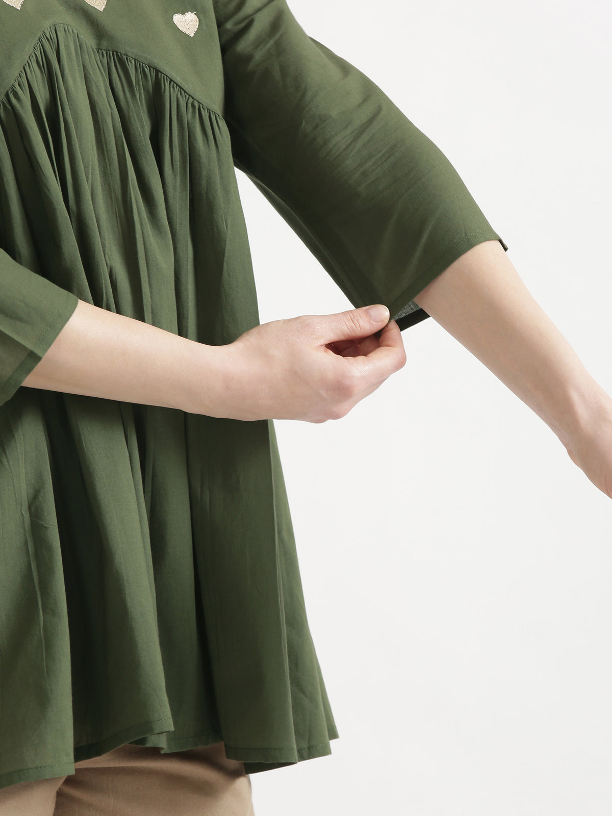 AARVI Olive Green Embroidered Cotton Short Top