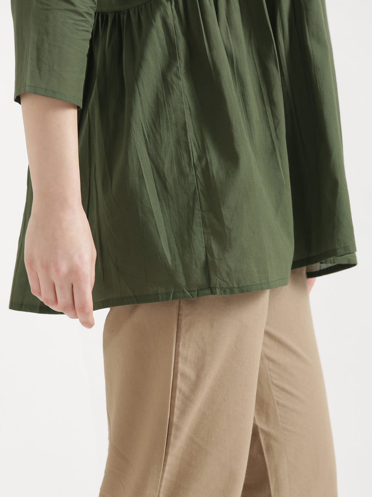 AARVI Olive Green Embroidered Cotton Short Top