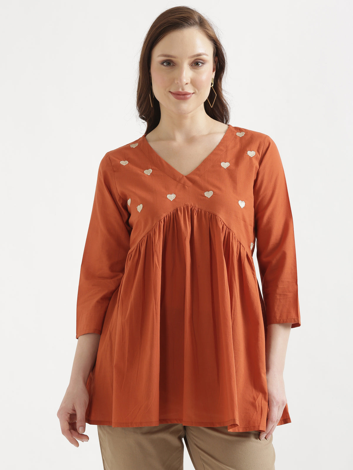 AARVI Rust Embroidered Cotton Short Top