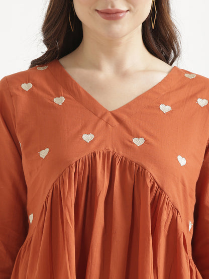 AARVI Rust Embroidered Cotton Short Top