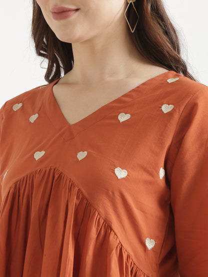AARVI Rust Embroidered Cotton Short Top