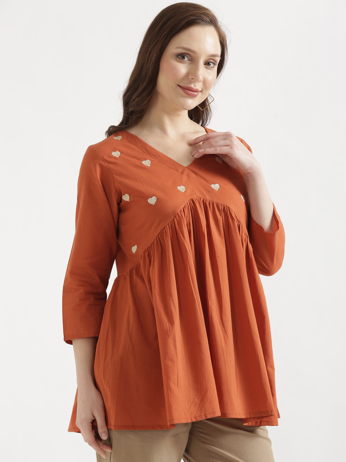 AARVI Rust Embroidered Cotton Short Top
