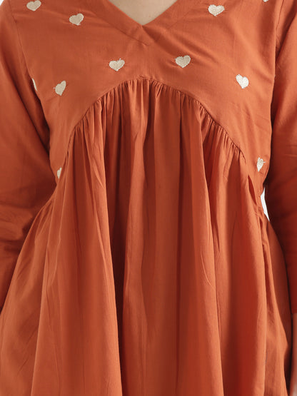 AARVI Rust Embroidered Cotton Short Top