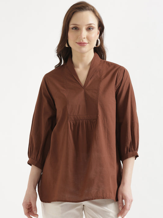 AIRA Brown V-Neck Cotton Short Top
