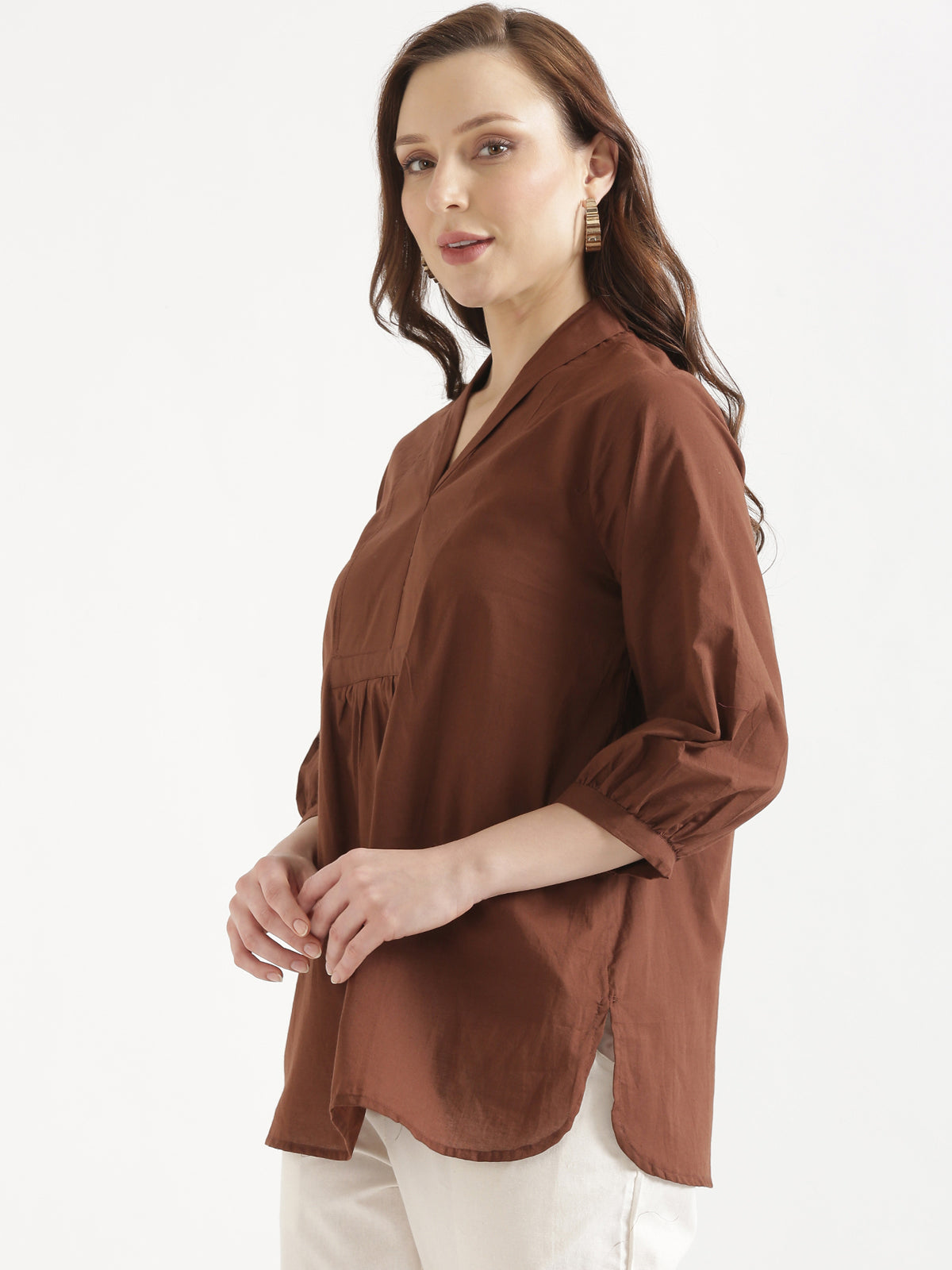 AIRA Brown V-Neck Cotton Short Top