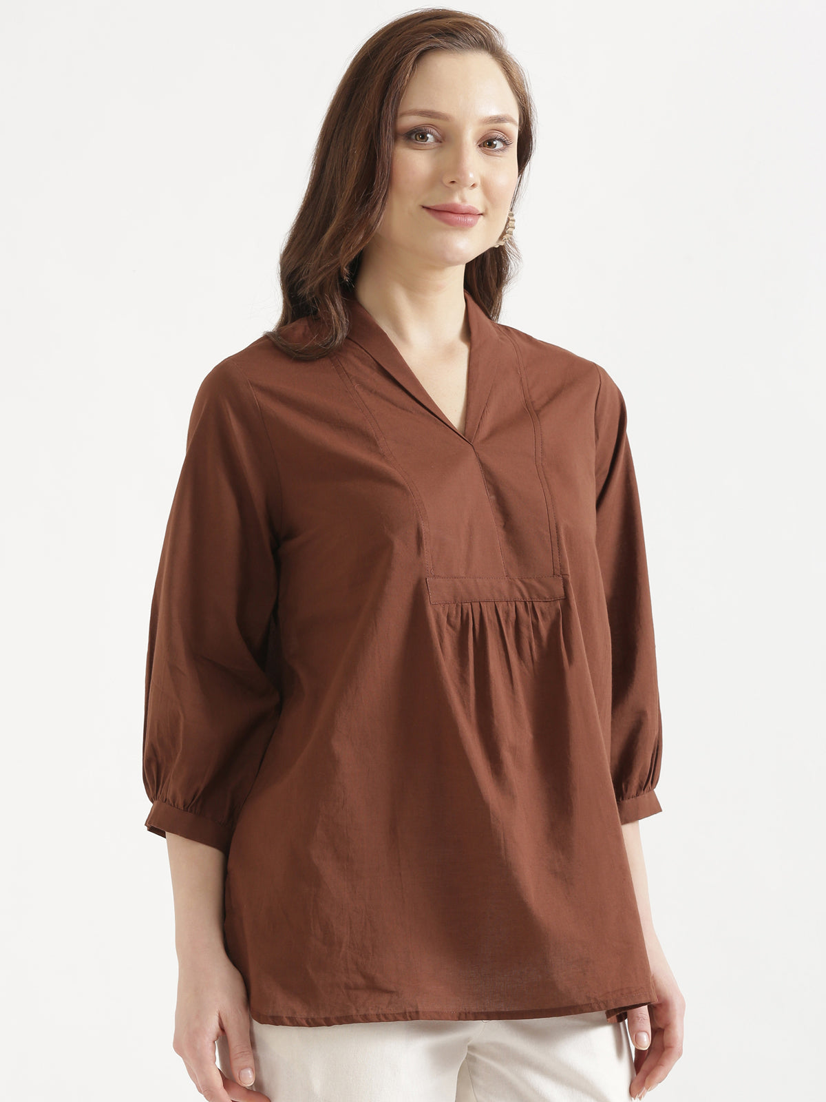 AIRA Brown V-Neck Cotton Short Top