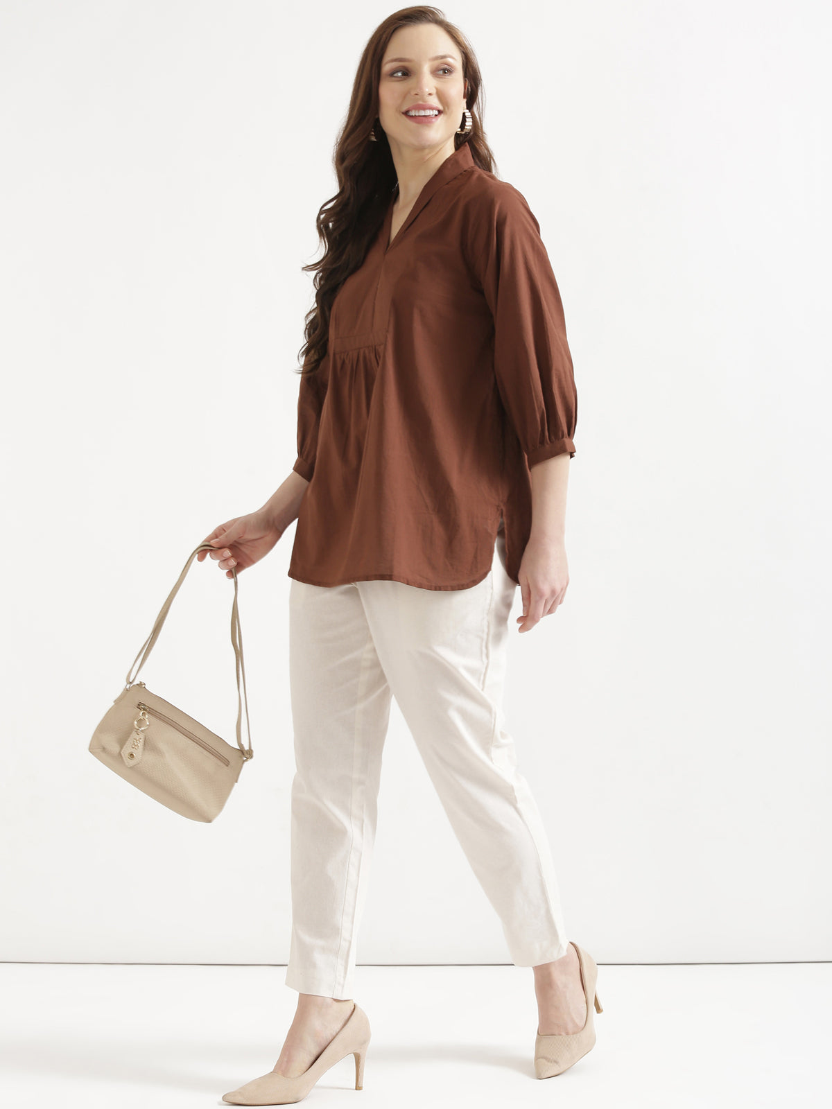 AIRA Brown V-Neck Cotton Short Top