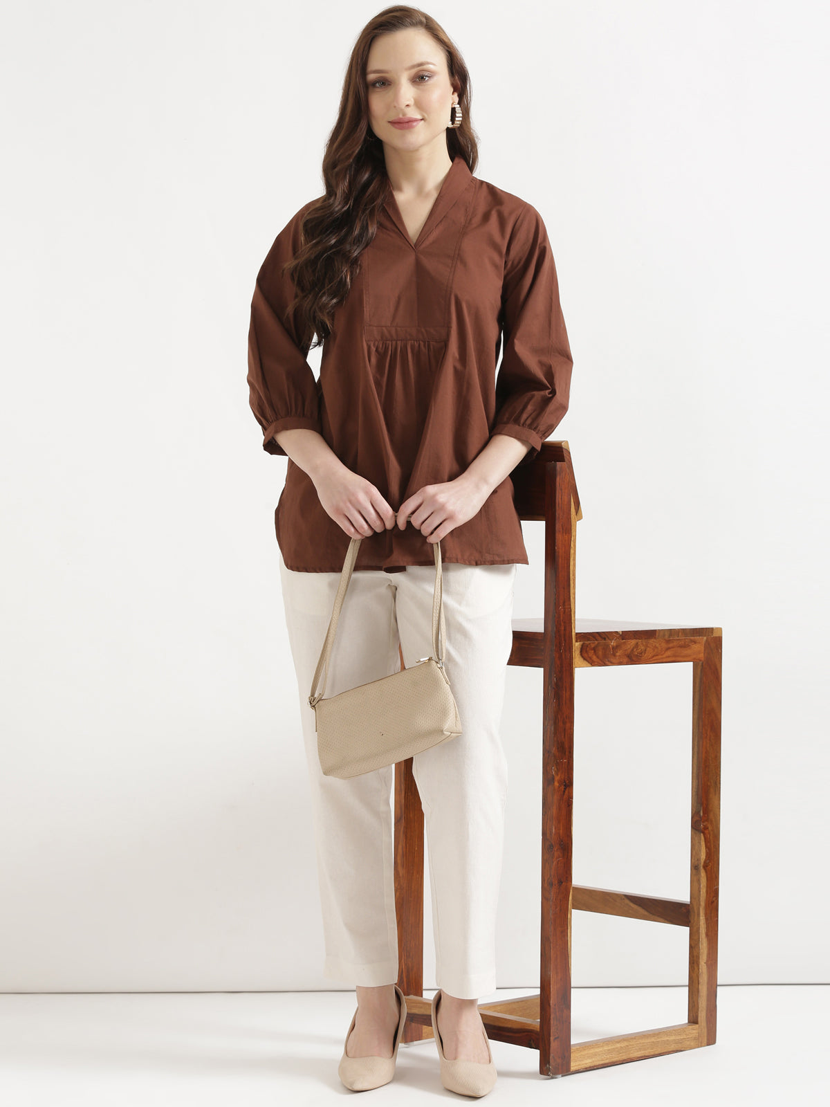 AIRA Brown V-Neck Cotton Short Top