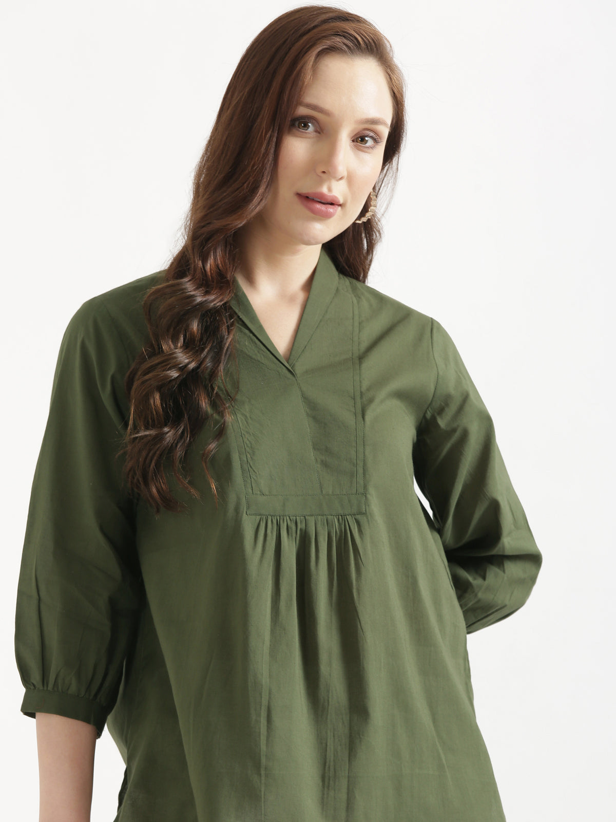 AIRA Olive Green V-Neck Cotton Short Top