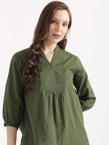 AIRA Olive Green V-Neck Cotton Short Top