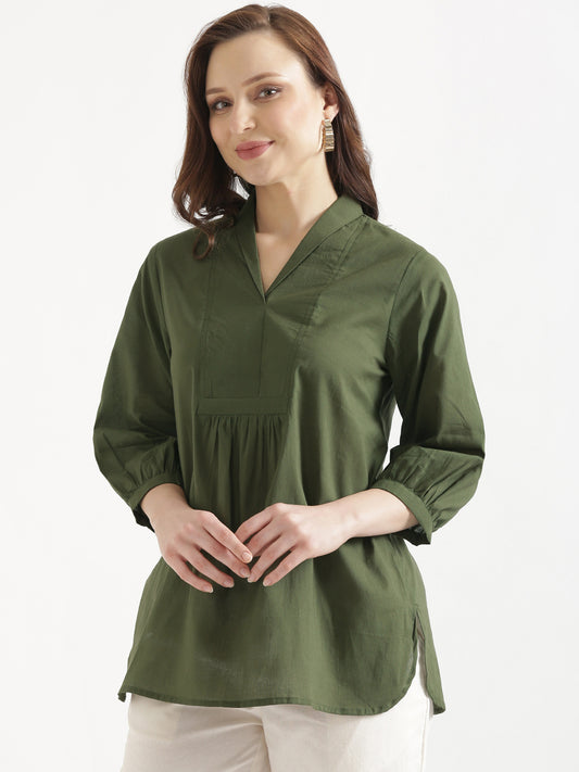 AIRA Olive Green V-Neck Cotton Short Top
