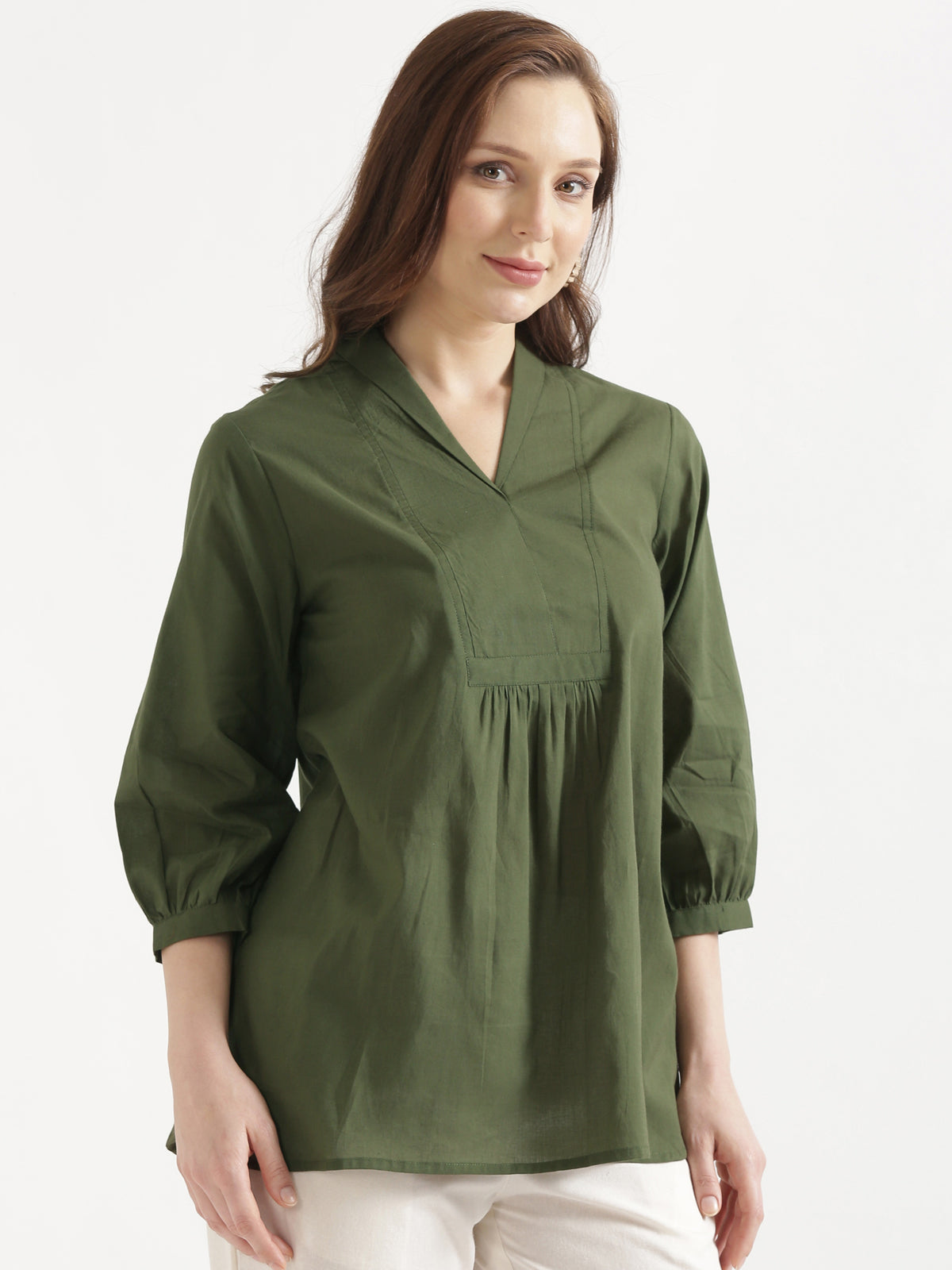 AIRA Olive Green V-Neck Cotton Short Top