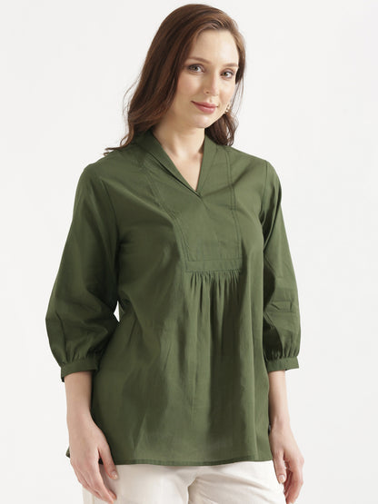 AIRA Olive Green V-Neck Cotton Short Top