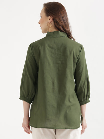 AIRA Olive Green V-Neck Cotton Short Top
