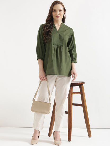 AIRA Olive Green V-Neck Cotton Short Top
