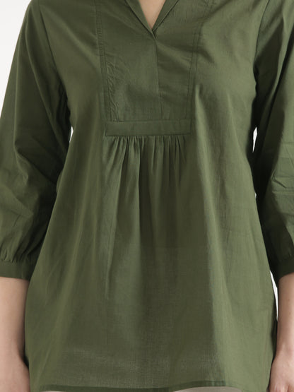 AIRA Olive Green V-Neck Cotton Short Top