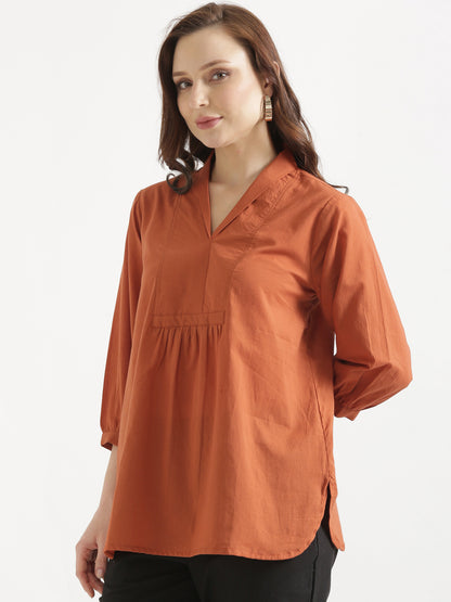 AIRA Rust V-Neck Cotton Short Top