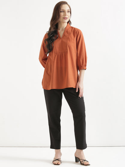 AIRA Rust V-Neck Cotton Short Top