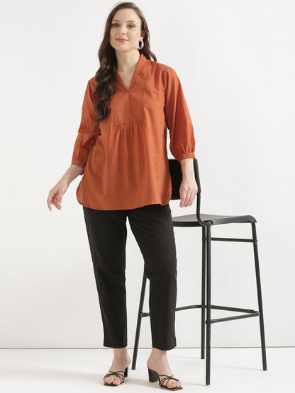 AIRA Rust V-Neck Cotton Short Top