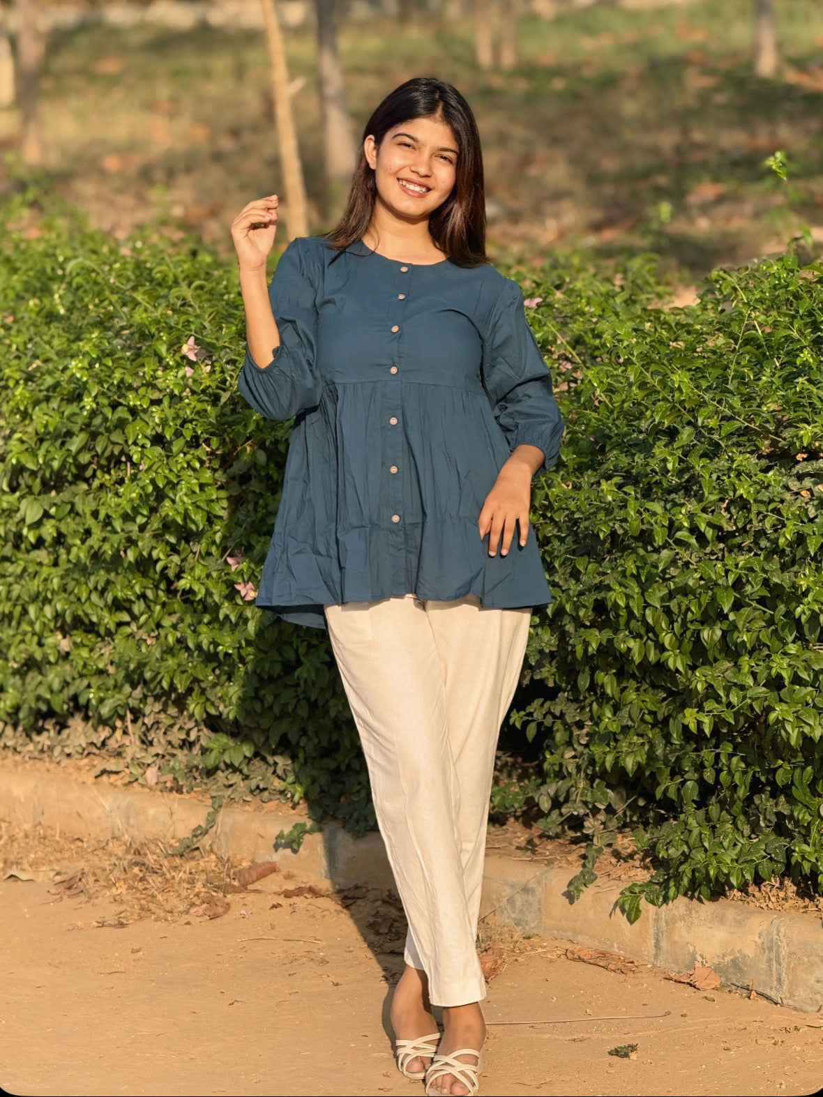 AURA Midnight Teal Solid Cotton Short Top