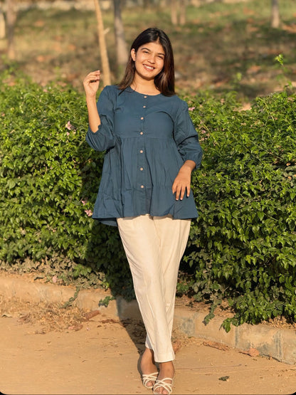 AURA Midnight Teal Solid Cotton Short Top